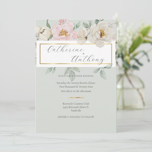 Convites Casamento Floral Dourado Verde Moderno (Em pé/Frente)