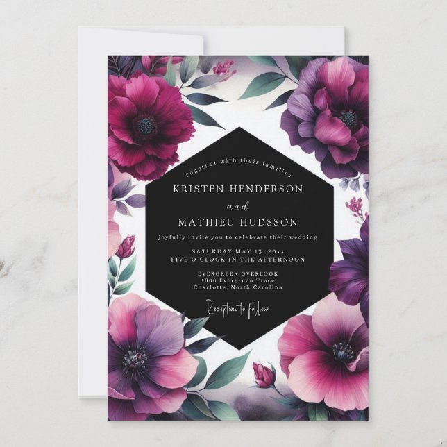 Convites Casamento Floral Dramático de Ámbar (Frente)