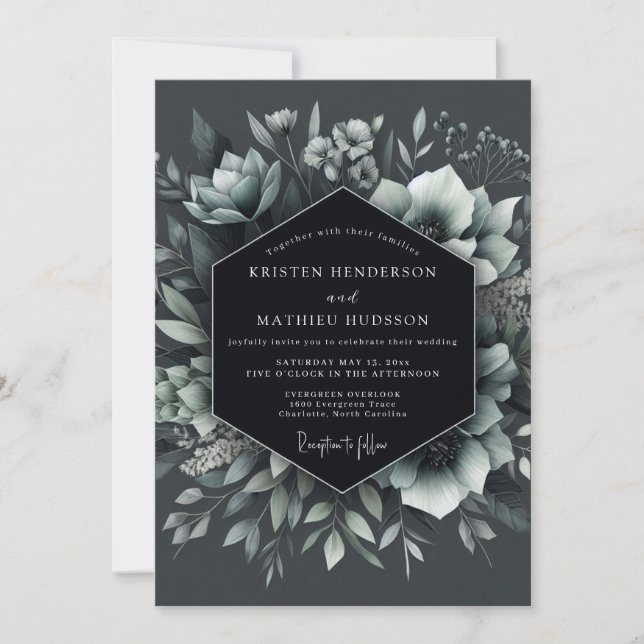 Convites Casamento Floral Dramático em Ardósia (Frente)