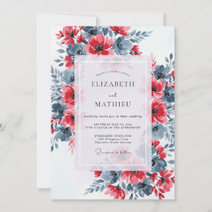 Convites Casamento Floral Dramático em Azul Ardósia Vermelh