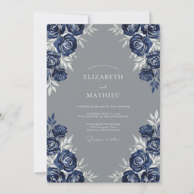 Convites Casamento Floral Dramático Índigo (Frente)