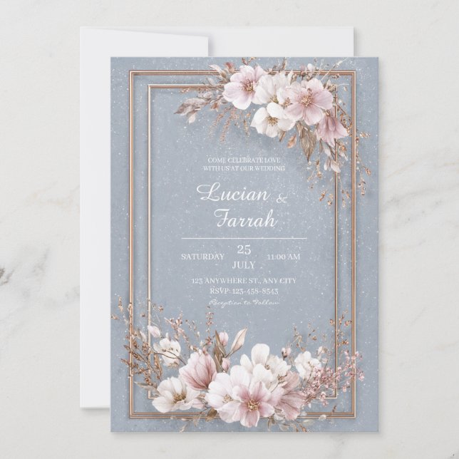 Convites Casamento Floral Dusty Blue & Blush (Frente)