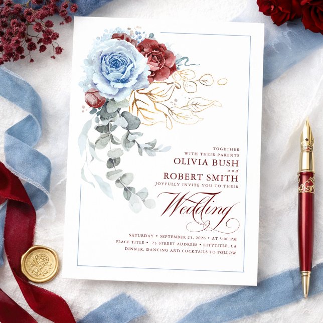Convites Casamento Floral Dusty Blue & Burgundy Red Boho (Dusty Blue and Burgundy Red Botanical Floral Chic Wedding Invitations)