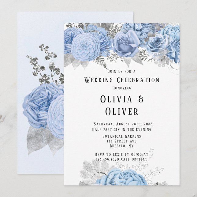 Convites Casamento Floral Dusty Blue e Silver (Frente/Verso)