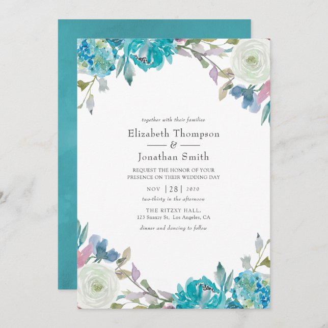 Convites Casamento Floral Dusty Blue e Turquoise (Frente/Verso)