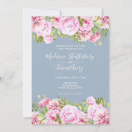 Convites Casamento Floral Dusty Blue Pink Peony Greenery