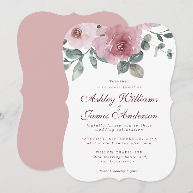 Convites Casamento Floral Dusty Rosa Rosa Burgundy (Frente/Verso)