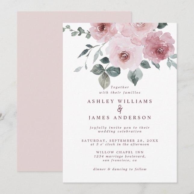 Convites Casamento Floral Dusty Rosa Rosa Burgundy (Frente/Verso)