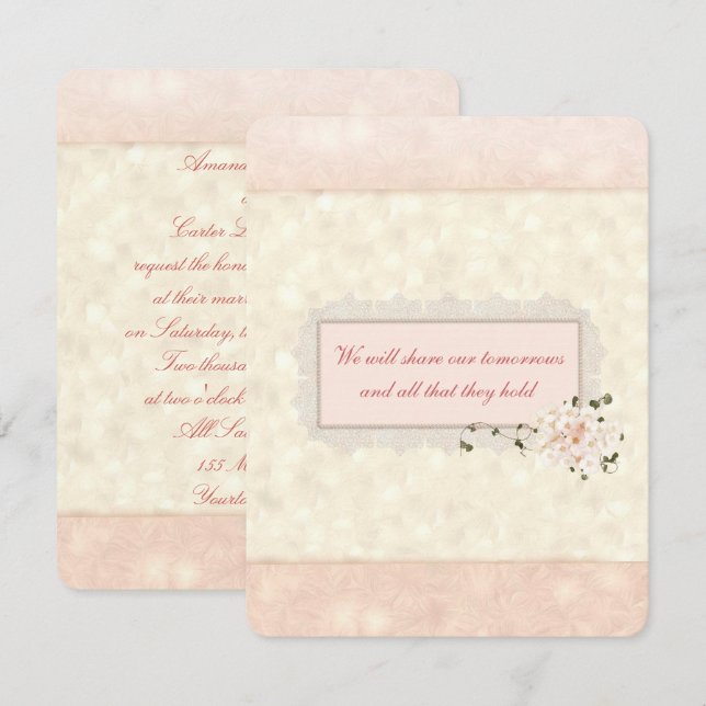 Convites Casamento Floral e de Renda Pêssego (Frente/Verso)