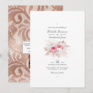 Convites Casamento Floral e de Renda Rosa Choque e Dourado 