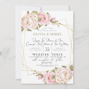 CONVITES CASAMENTO FLORAL E DOURADO DE QUADRO DE ÁGUA DE PI