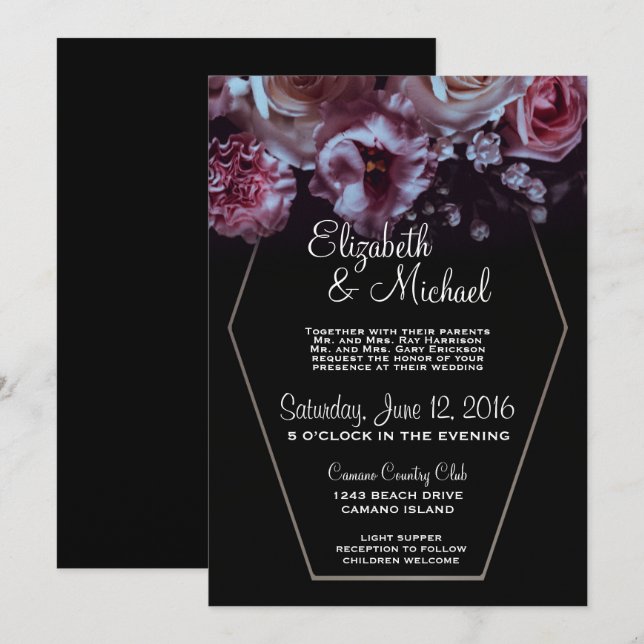 Convites Casamento Floral e Negro Moody Com Prata (Frente/Verso)