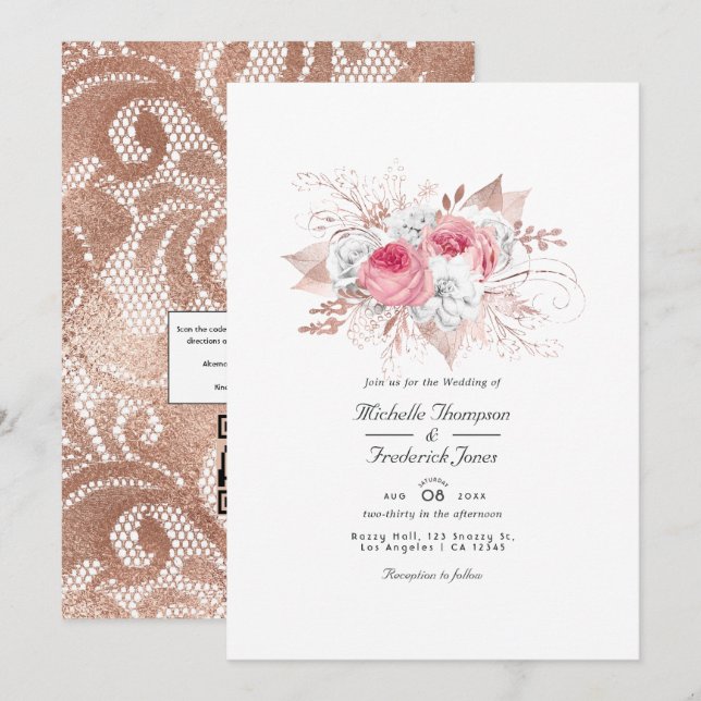 Convites Casamento Floral e Renda em Rosa e Dourado Rosa co (Frente/Verso)