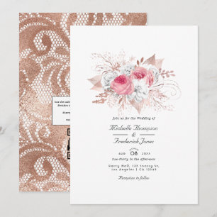 Convites Casamento Floral e Renda em Rosa e Dourado Rosa co
