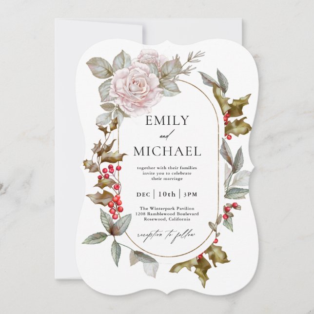 Convites Casamento Floral e Sempre-Verdes Romântico de Inve (Frente)