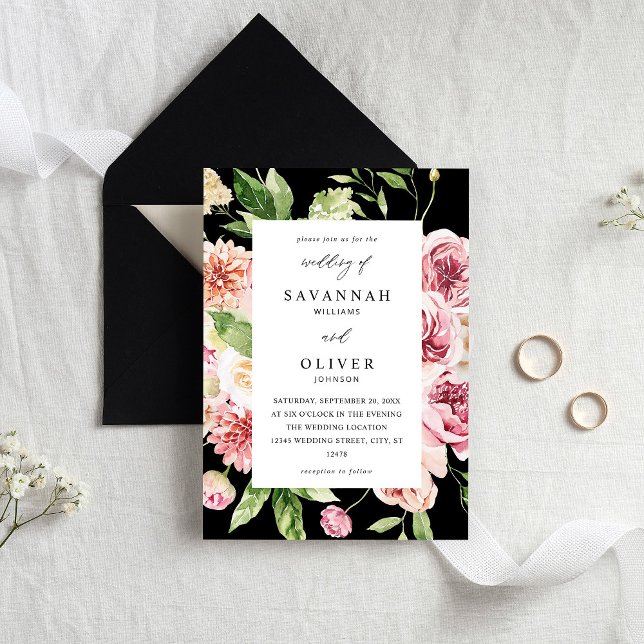 Convites Casamento Floral e Verde Rosa e Pêssego - Preto (Criador carregado)