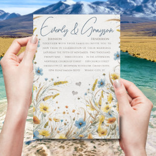 Convites Casamento Floral Elegância Amarela e Azul Aquarela