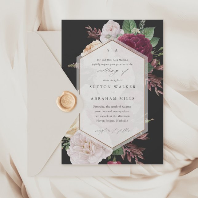 Convites Casamento Floral Elegante (Vintage floral bouquet black wedding invitations.)