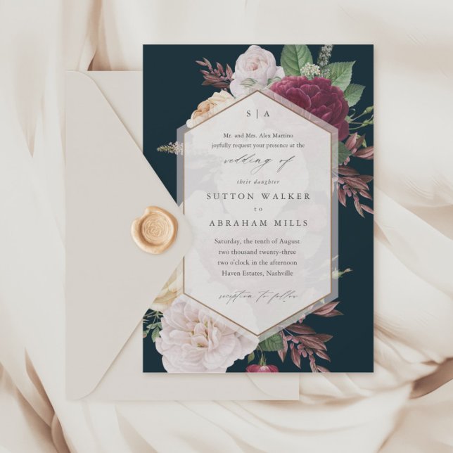 Convites Casamento Floral Elegante (Vintage floral bouquet navy blue wedding invitations.)