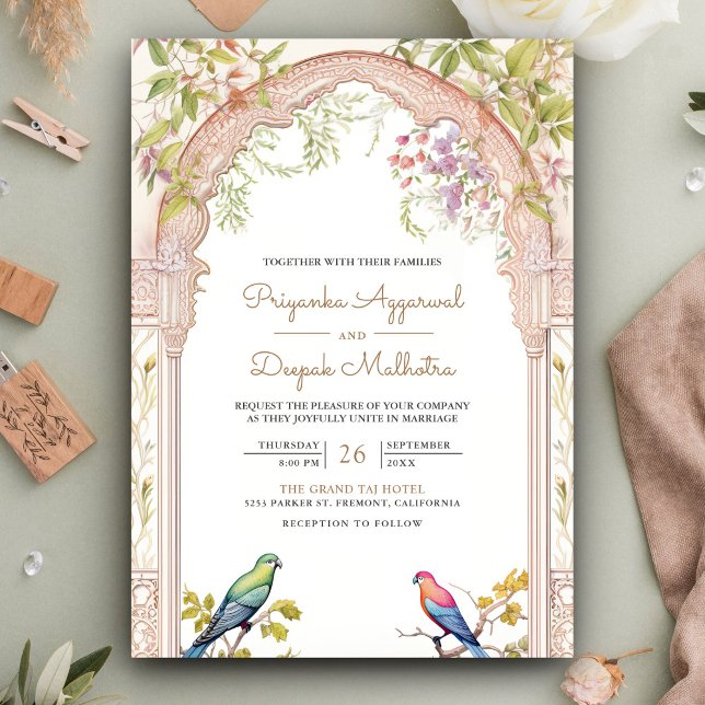 Convites Casamento Floral Elegante Arco Indiano de Papagaio (Criador carregado)