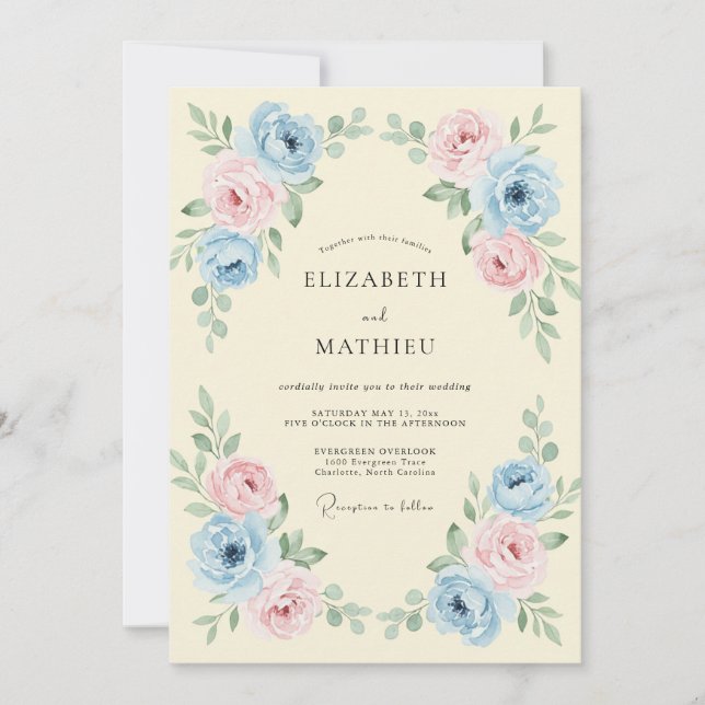 Convites Casamento Floral Elegante Azul Céu (Frente)