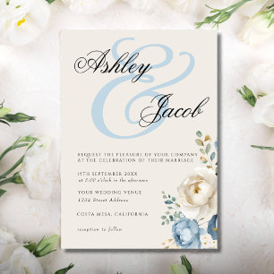 Convites Casamento Floral Elegante Azul e Creme Elegante