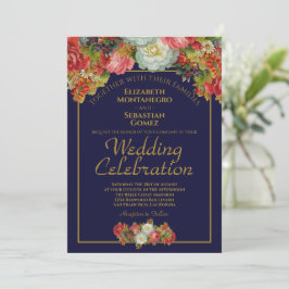 Convites Casamento Floral Elegante Azul e Dourado Vintage