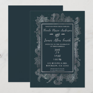 Convites Casamento Floral Elegante Azul e Prata Rústico Neb