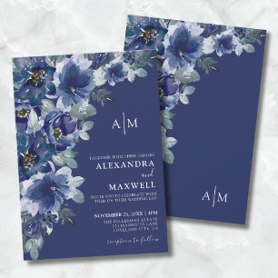 Convites Casamento Floral Elegante Azul Marinho