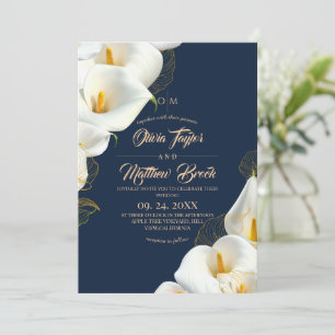 Convites Casamento Floral Elegante Azul-Marinho Moderno Fot