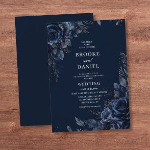 Convites Casamento Floral Elegante Azul Naval com Brilho Pr