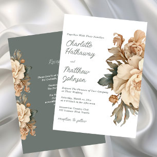 Convites Casamento Floral Elegante Bege com Verde Musgo