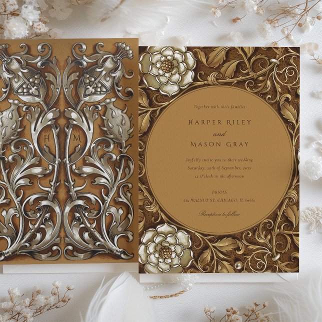 Convites Casamento Floral Elegante Beige Art Nouveau (Criador carregado)