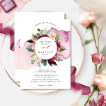 Convites Casamento Floral Elegante Berry Blush e Burgundy<br><div class="desc">Aprecie seus convidados com este belo convite botânico mostrando seus nomes com delicada mancha aquática em cascata atrás de um belo buquê floral com flores em uma bela mistura de morango, burgundy, blush e tons de rosa. Moldura circular com detalhes falsos de ouro rosa. Mancha de aquarela em bagas, borboletas...</div>