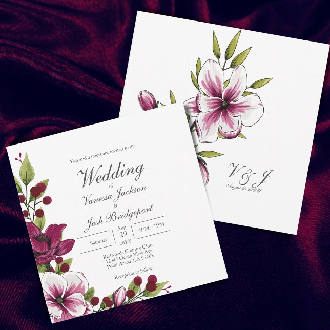 Convites Casamento Floral Elegante Berry Greenery Watercolo (Criador carregado)