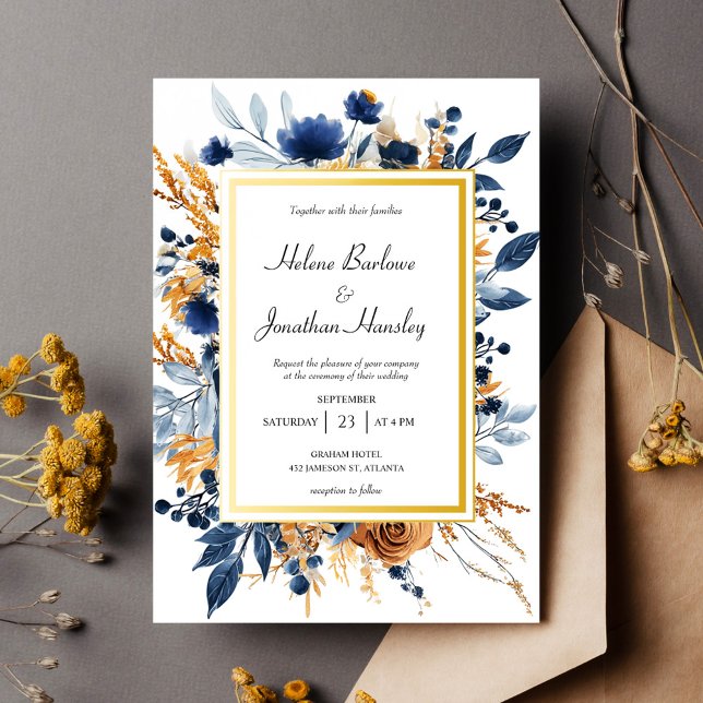 Convites Casamento Floral Elegante Blue Terracotta (Floral Elegant Navy Blue Terracotta Wedding Invitation)