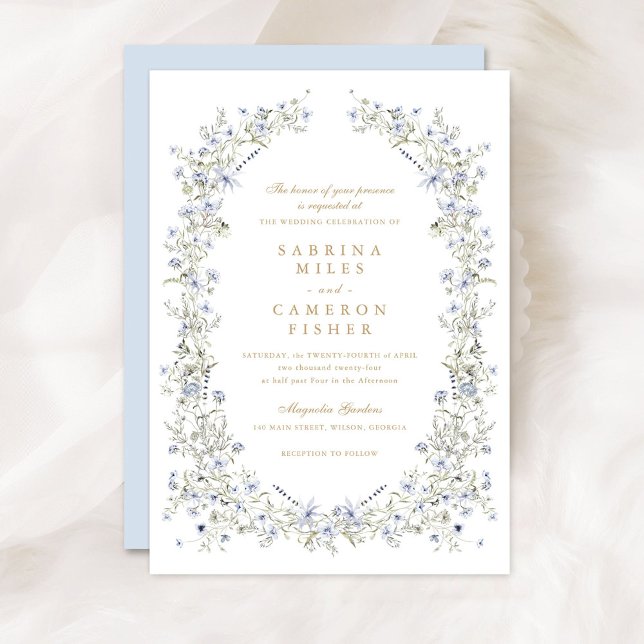 Convites Casamento Floral Elegante Blue Wreath Selvagens (Criador carregado)