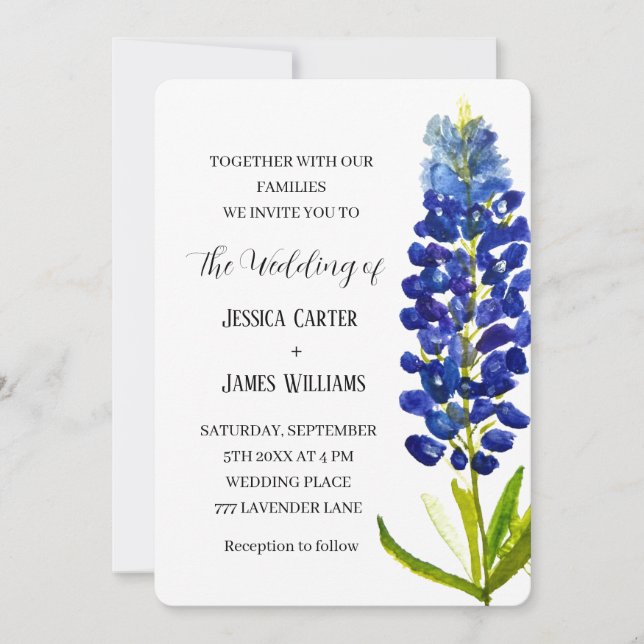 Convites Casamento Floral Elegante Bluebonnet Texas Waterco (Frente)