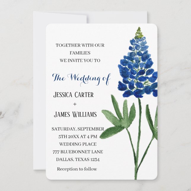 Convites Casamento Floral Elegante Bluebonnet Texas Waterco (Frente)