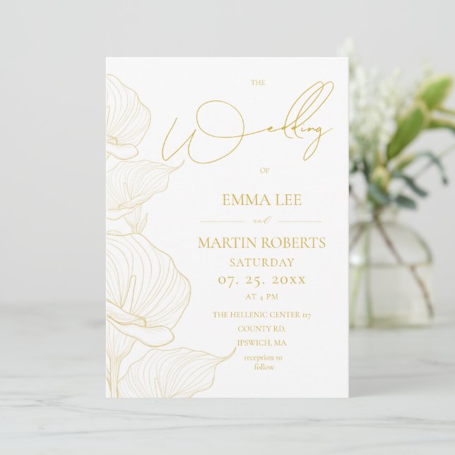 Convites Casamento Floral Elegante Branco e Dourado  (Em pé/Frente)