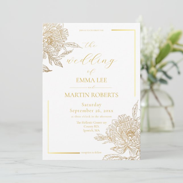 Convites Casamento Floral Elegante Branco e Dourado Devine  (Em pé/Frente)