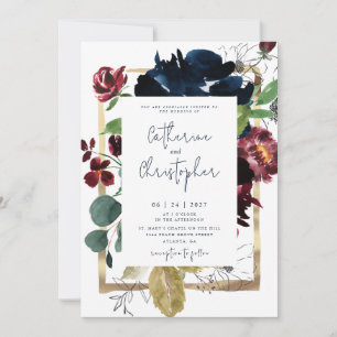Convites Casamento Floral Elegante Burgundy Azul Naval no J