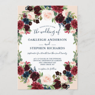 Convites Casamento Floral Elegante Burgundy, Marinho e Rosa
