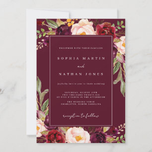 Convites Casamento Floral Elegante Burgundy Watercolor