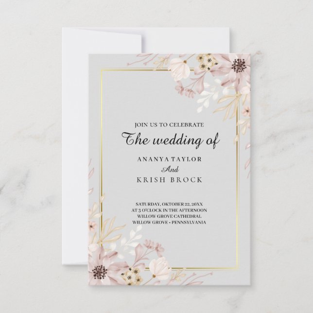 Convites Casamento Floral Elegante Cinza Claro (Frente)