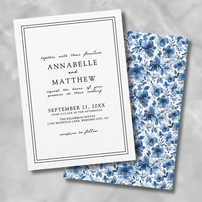 Convites Casamento Floral Elegante Clássico Azul (Blue Botanical Classic Elegant Floral Wedding Invitation)