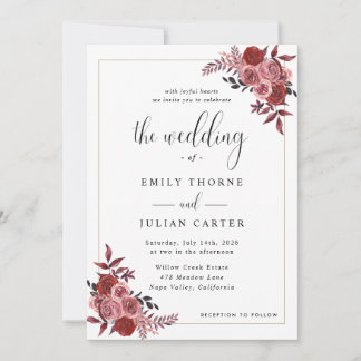 Convites Casamento Floral Elegante com Bege e Borgonha