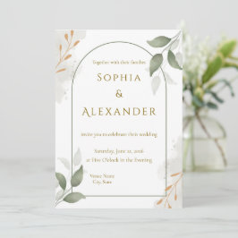 Convites Casamento Floral Elegante com Moldura Dourada e Fo