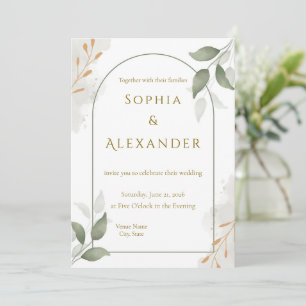 Convites Casamento Floral Elegante com Moldura Dourada e Fo