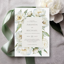 Convites Casamento Floral Elegante com Peônia Branca e Verd